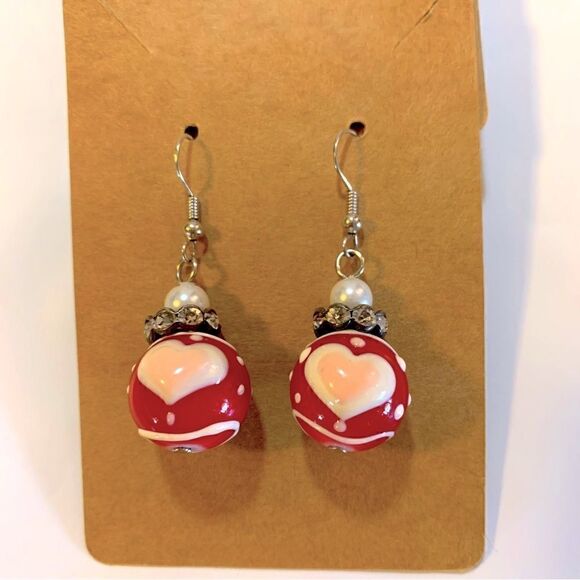 Heart Pierced Earrings Drop Dangle Red White Pink Rhinestones Faux Pearls 1.75” - Picture 1 of 4